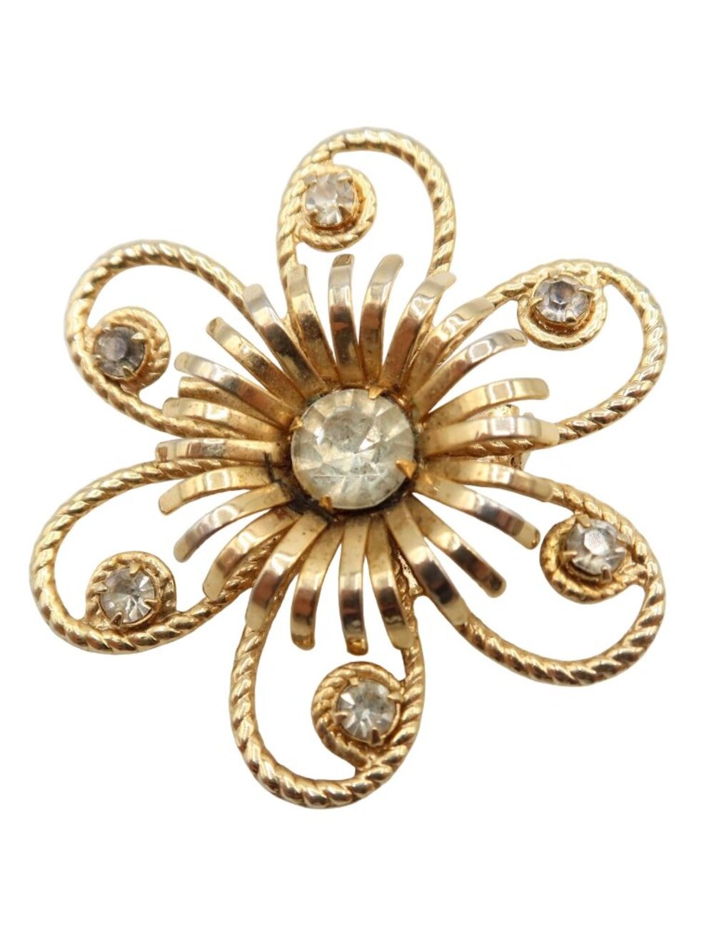 Vintage Gold Tone & Rhinestone Open Petal Daisy Flower Brooch Pin 2" Unsigned